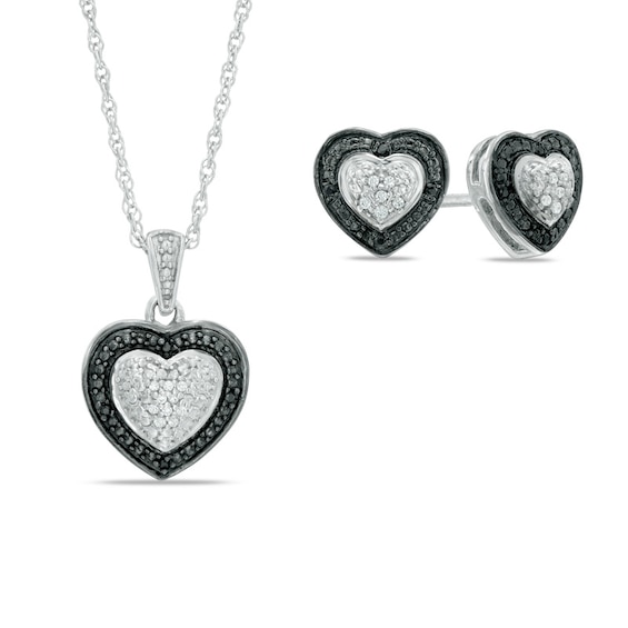 Enhanced Black and White Diamond Accent Heart-Shaped Pendant and Stud
