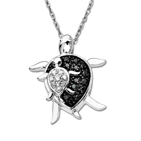 Enhanced Black and White Diamond Accent Mother and Baby Turtle Pendant