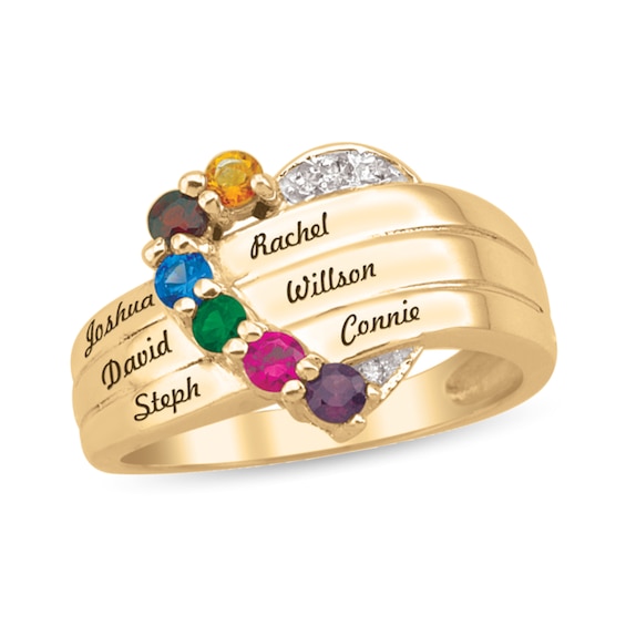Gemstone and Diamond Accent Engravable Heart Ring (6 Stones and Lines)
