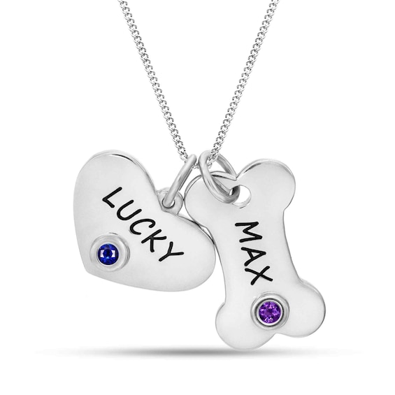 Gemstone Engravable Heart and Bone Pendant (1-2 Lines and 2 Stones)