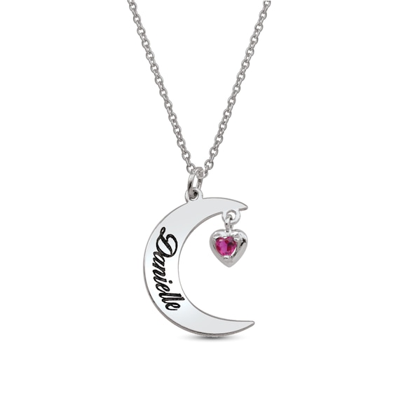 Gemstone Heart Dangle Engravable Crescent Moon Pendant (1 Stone and