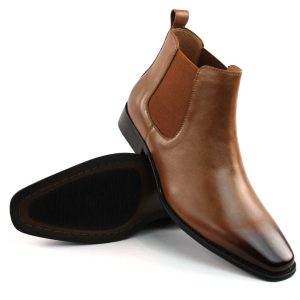 Genuine Leather Cognac Mens Dress Chelsea Boots Almond Toe Leather Lining AZAR
