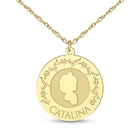 Girl Silhouette with Flower Frame Engravable Disc Pendant (1 Line and