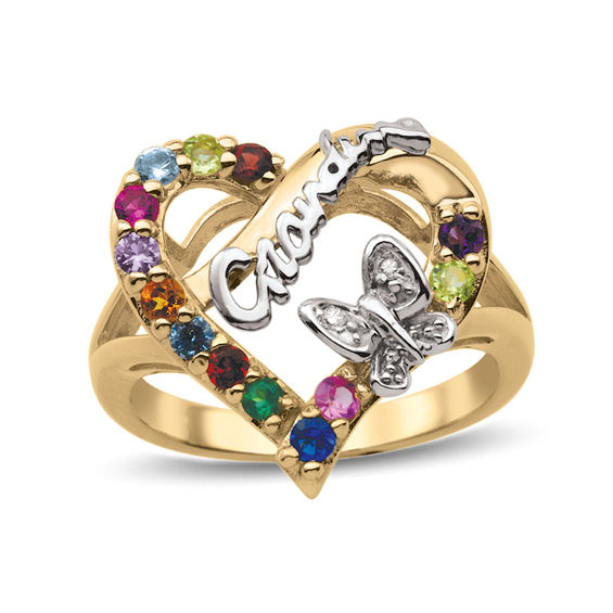 Grandmother's Birthstone and Diamond Accent Butterfly Heart Ring (13
