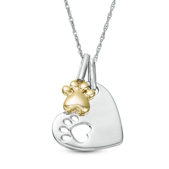Heart and Paw Print Charm Pendant in Sterling Silver and 10K Gold