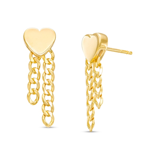 Heart Double Curb Chain Drop Earrings in Solid 10K Gold