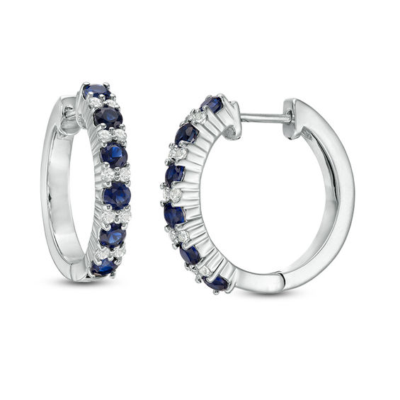 Lab-Created Blue and White Sapphire Alternating Hoop Earrings in