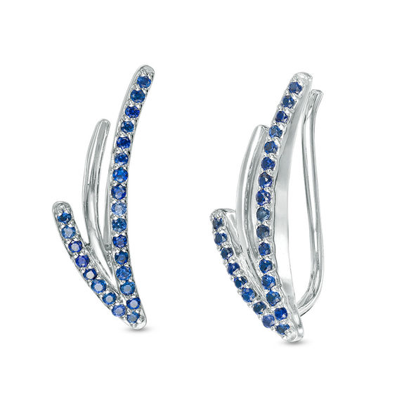 Lab-Created Blue Sapphire Split Curve Crawler Earrings in Sterling
