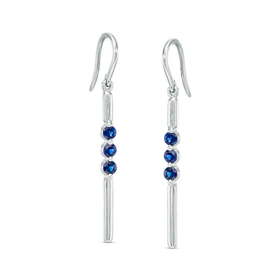 Lab-Created Blue Sapphire Three Stone Bar Drop Earrings in Sterling