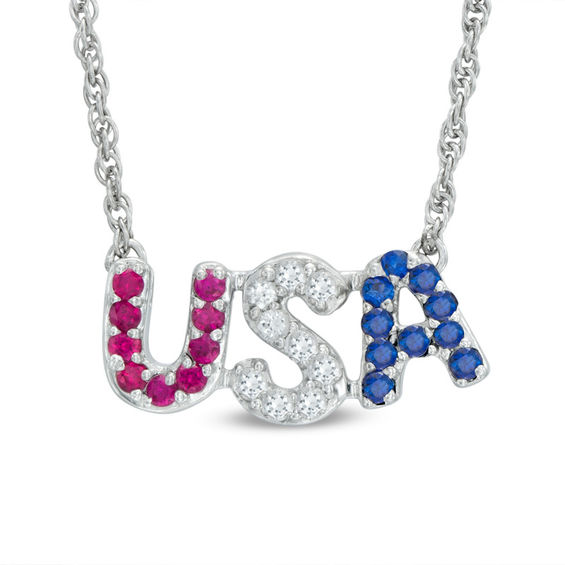 Lab-Created Ruby and White and Blue Sapphire "Usa" Necklace in