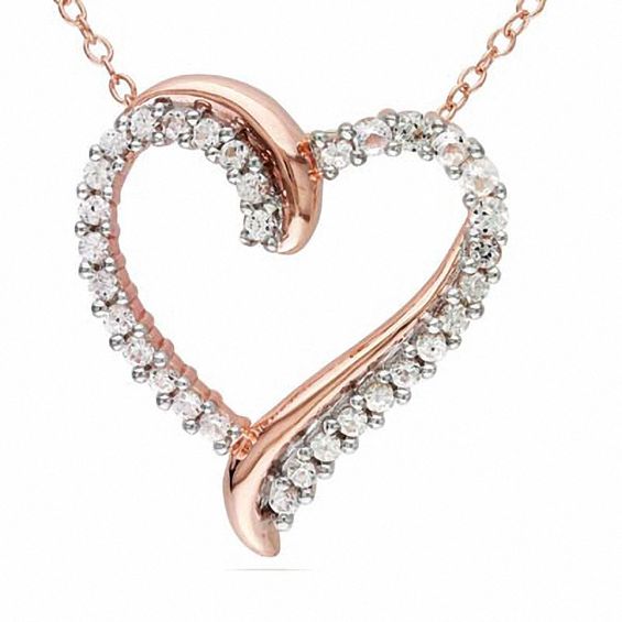 Lab-Created White Sapphire Heart Pendant in Rose Rhodium Sterling