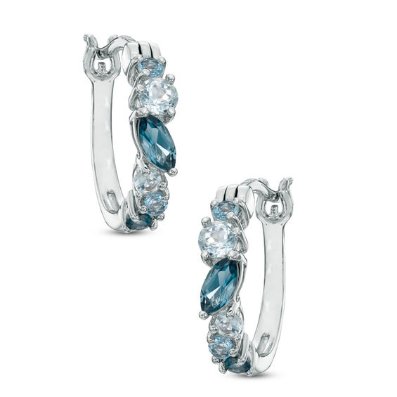 Marquise-Cut and Round Blue Topaz Cluster Hoop Earrings in Sterling