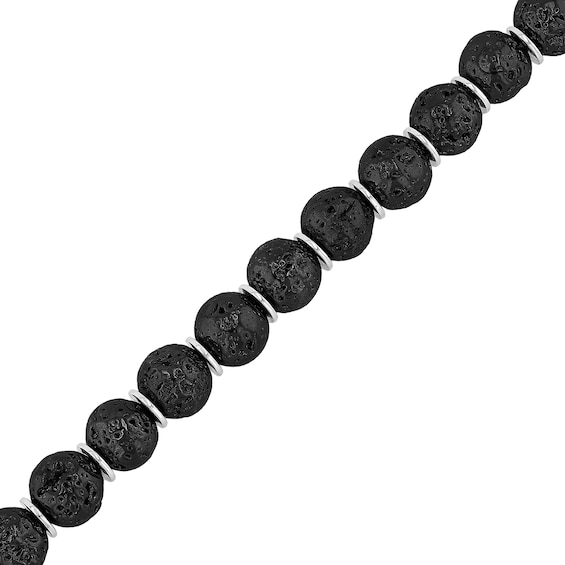 Men's 10.0mm Black Lava and Disc Bead with Skull and Crossbones