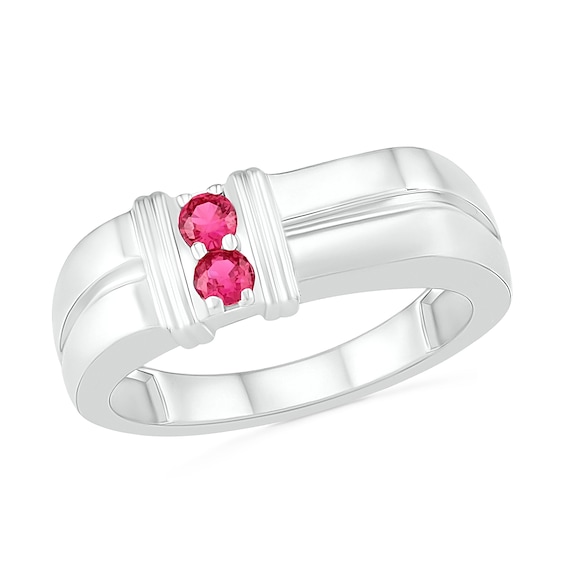 Men's 3.0mm Lab-Created Ruby Duo Collar Double Row Ring in Sterling