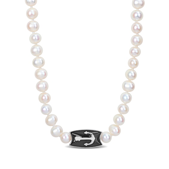 Menâs 7.0-7.5mm Cultured Freshwater Pearl and Enamel Anchor Necklace
