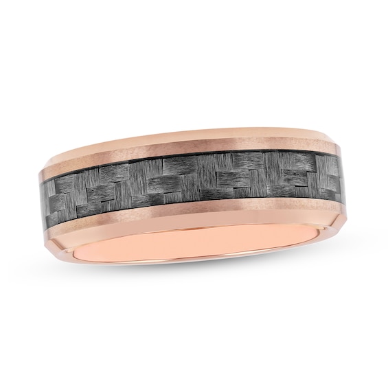 Men's 8.0mm Bevelled Edge Wedding Band in Tungsten with Rose IP and
