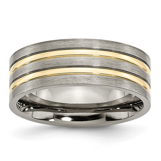Men's 8.0mm Yellow IP Double Stripe Groove Brushed Wedding Band in
