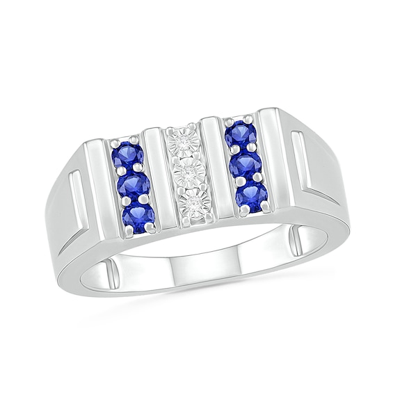 Men's Blue Lab-Created Sapphire and Diamond Accent Vertical Triple Row
