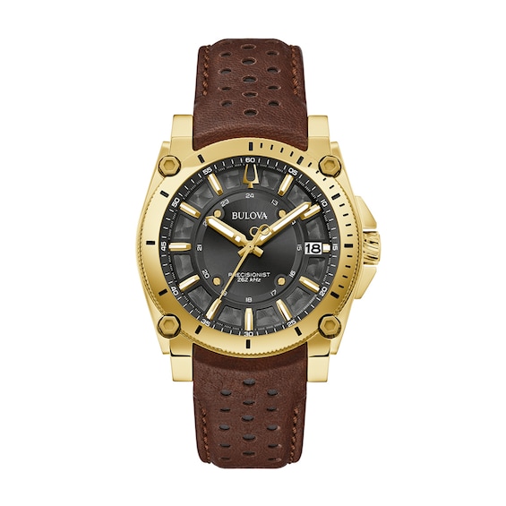 Men's Bulova Icon Gold-Tone Brown Racing Strap Watch with Black Dial