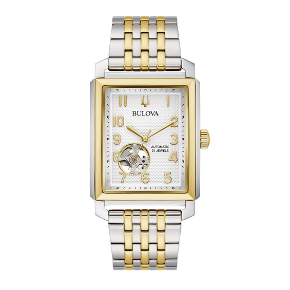 Men's Bulova Sutton Two-Tone Watch with Rectangular White Dial and