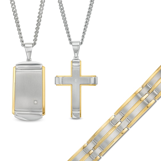 Men's Diamond Accent Dog Tag Pendant, Cross Pendant and Link Bracelet