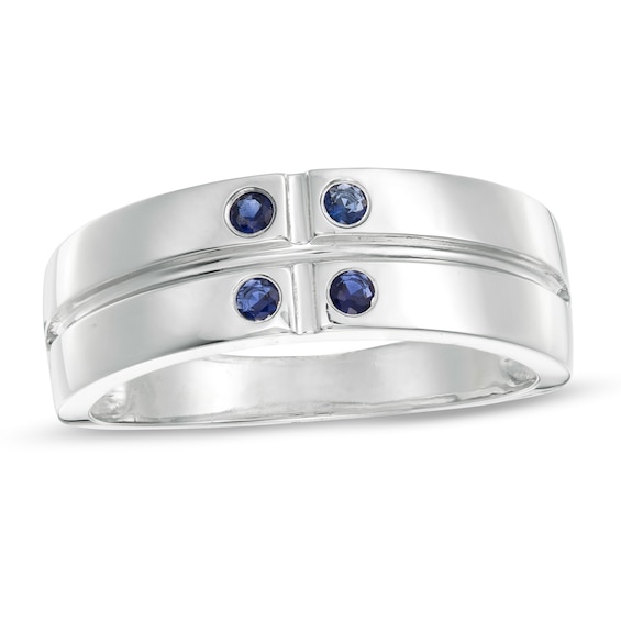 Men's Lab-Created Blue Sapphire Quad Cross-Groove Ring in Sterling