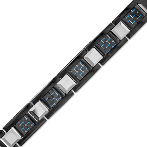 Men's Square Blue Carbon Fibre Link Bracelet in Stainless Steel with