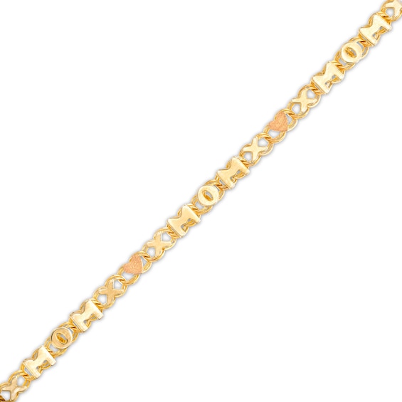 "Mom" with "Xo" Heart Mirror Link Chain Bracelet in 10K Two-Tone Gold