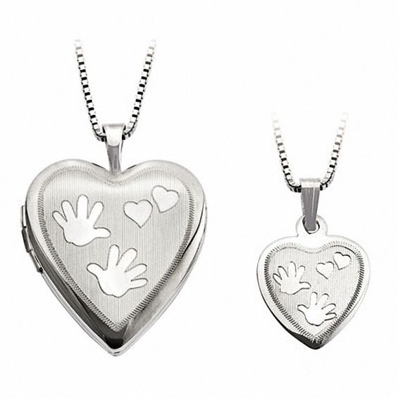 Mother and Daughter Matching Hand Print Heart Locket and Pendant Set