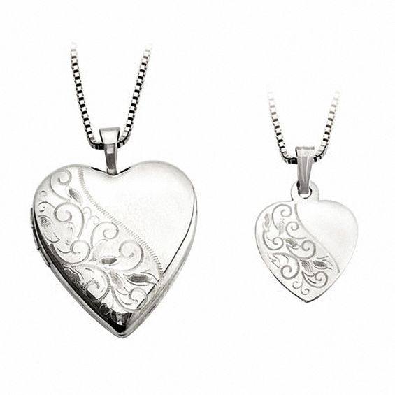 Mother and Daughter Matching Scroll Design Heart Locket and Pendant