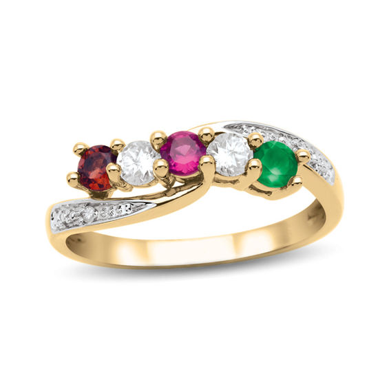 Mother's Birthstone and Diamond Accent Wave Ring (5 Stones)