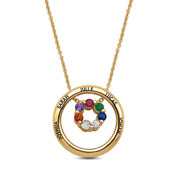 Mother's Birthstone Double Circle Outline Pendant (7 Stones and Names)