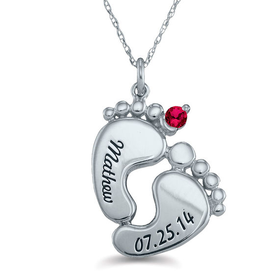 Mother's Birthstone Engravable Footprints Pendant (1 Stone and 2