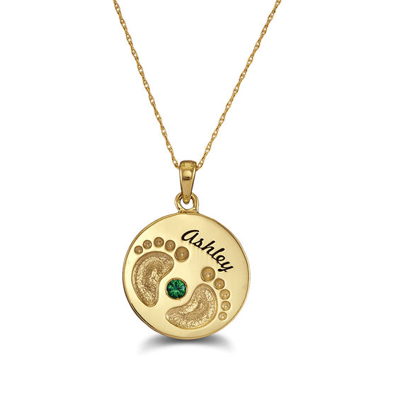 Mother's Birthstone Footprints Round Disc Pendant (1 Stone and Name)
