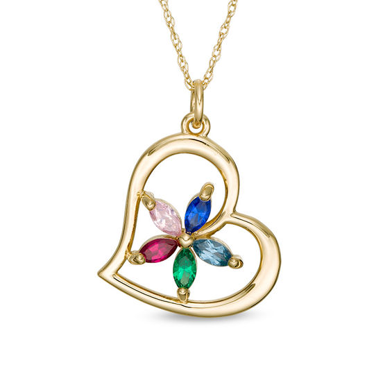Mother's Marquise Birthstone Flower in Heart Pendant (5 Stones)