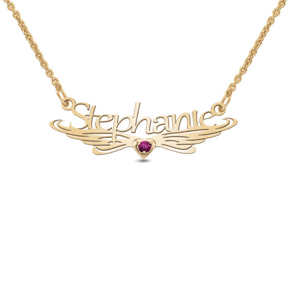 Name and Heart-Shaped Birthstone with Wings Necklace (1 Stone and 1