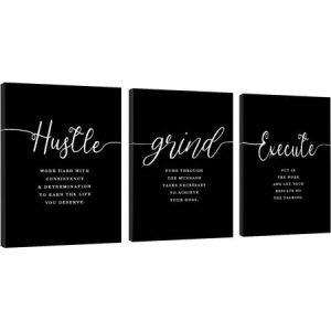 Office Decor - Hustle Quotes Execute Prints Framed Canvas Wall Art Grind Quote Office Wall Art Black Large Poster Positive MotivationalPrints Inspirational Print (F-3pcs 12x16inchx3pcs)