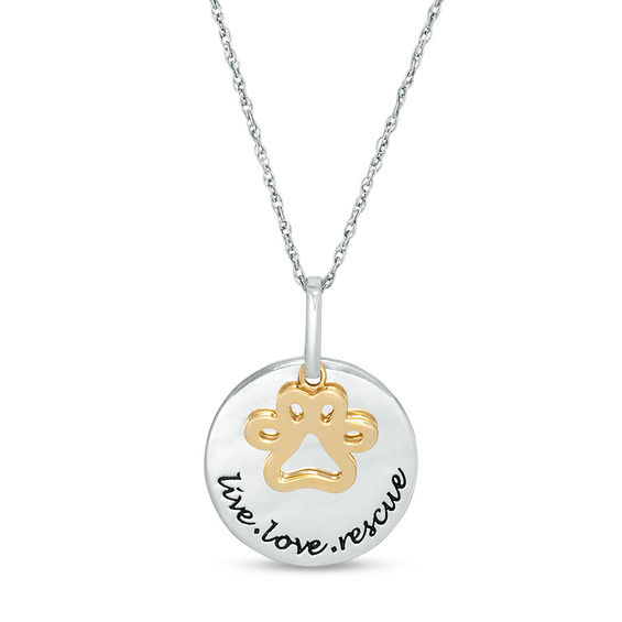 Outline Paw Print Charm and "live love rescue" Disc Pendant in