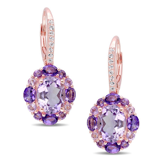 Oval and Round Amethyst with White Topaz Frame Drop Earrings in