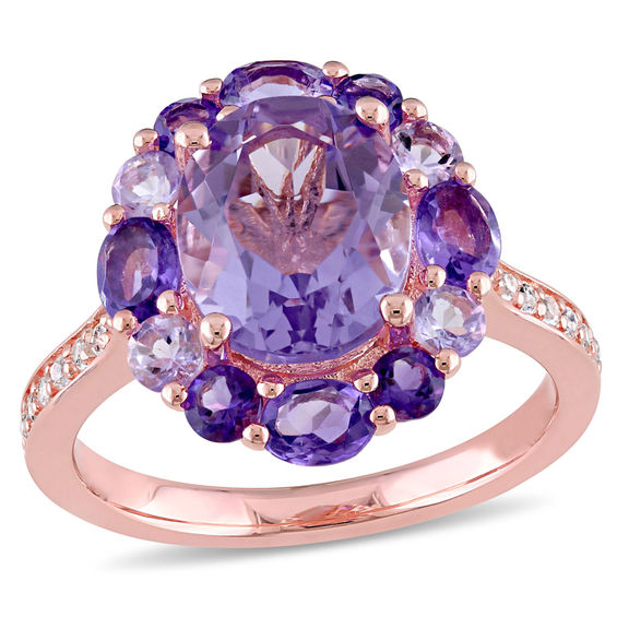 Oval and Round Amethyst with White Topaz Frame Ring in Sterling Silver