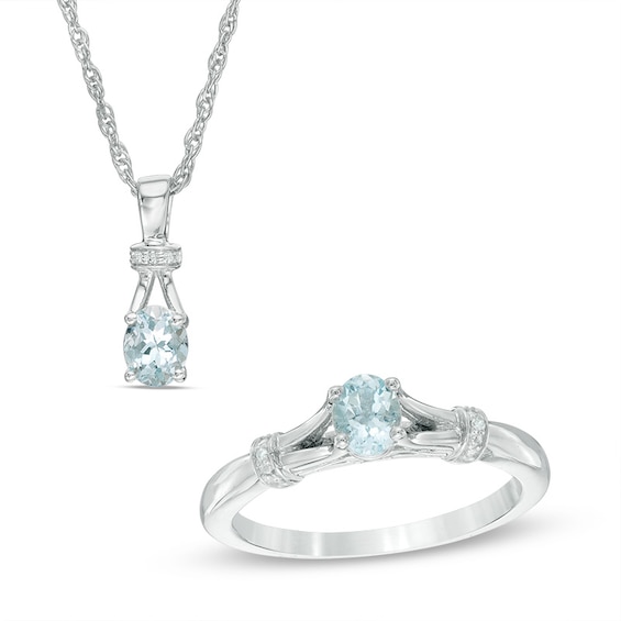 Oval Aquamarine and Diamond Accent Collar Pendant and Ring Set in