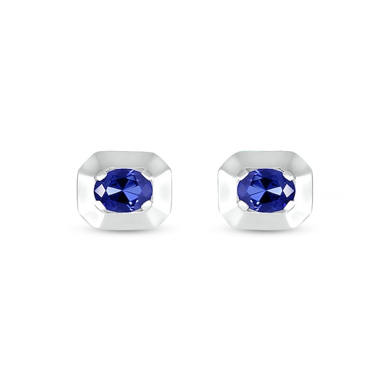 Oval Blue Lab-Created Sapphire Solitaire Octagonal Frame Stud Earrings