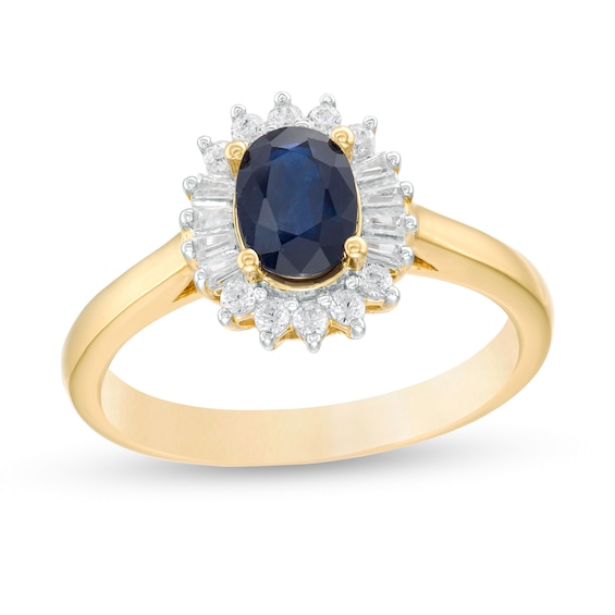 Oval Blue Sapphire and 0.20 CT. T.w. Baguette and Round Diamond