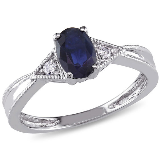 Oval Blue Sapphire and Diamond Accent Triangle Sides Vintage-Style