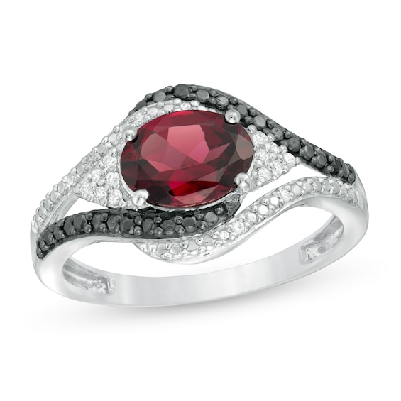 Oval Garnet and 0.085 CT. T.w. White and Black Diamond Bypass Frame