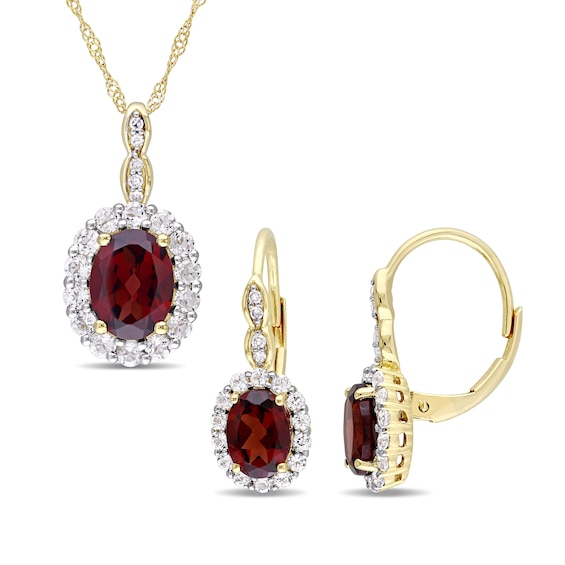 Oval Garnet, White Topaz, and 0.065 CT. T.w. Diamond Frame Pendant and