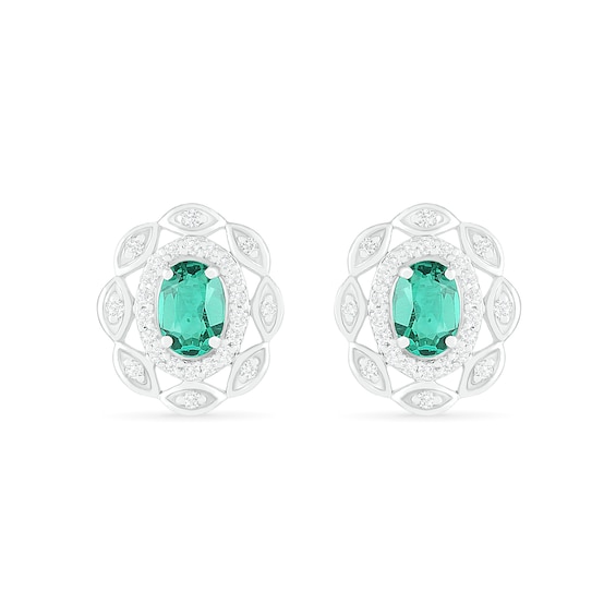 Oval Lab-Created Emerald and White Sapphire Open Double Frame Art Deco