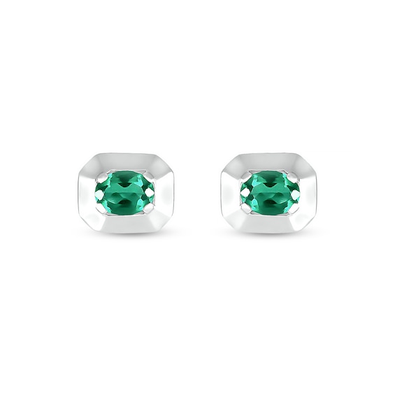 Oval Lab-Created Emerald Solitaire Octagonal Frame Stud Earrings in