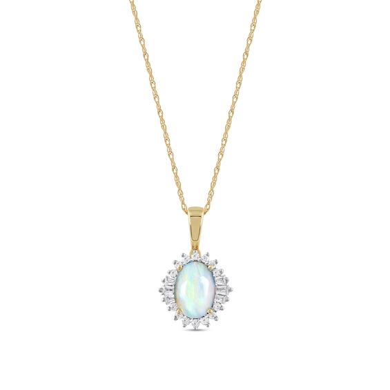 Oval Opal and 0.115 CT. T.w. Baguette and Round Diamond Starburst