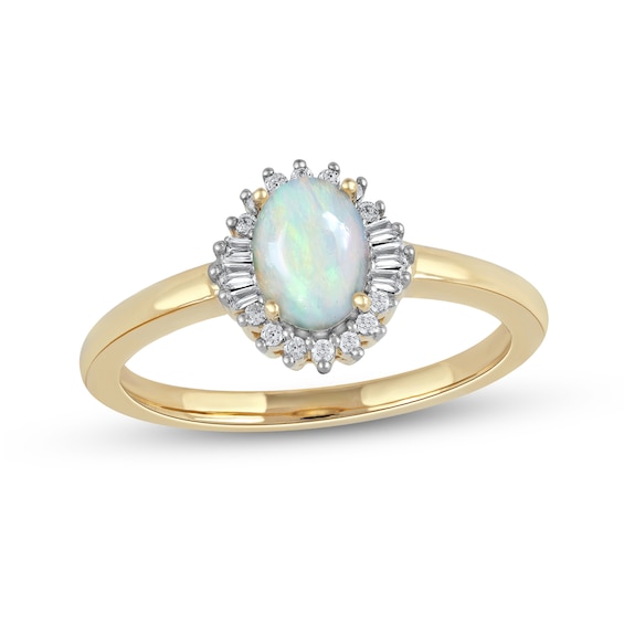 Oval Opal and 0.115 CT. T.w. Baguette and Round Diamond Starburst